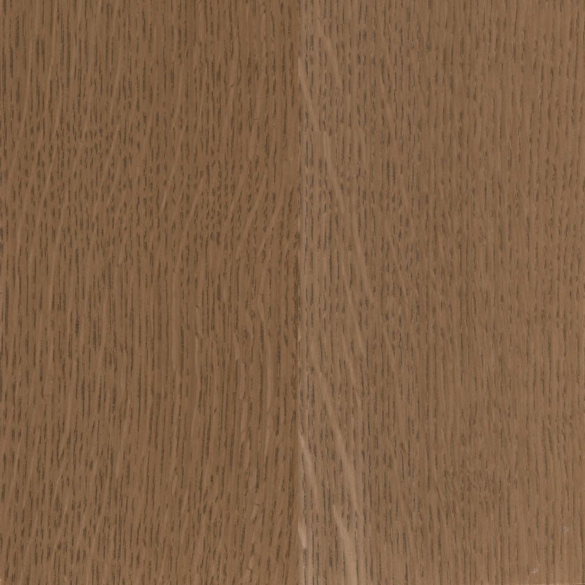 Tundra on quartersawn white oak, a mellow tan brown swatch with straight tight grain and fine rays