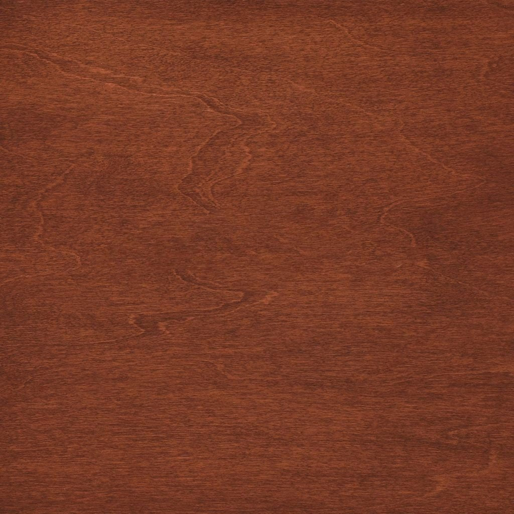 Acres stain on maple, a medium brick red brown swatch with feathered figure and fine grain