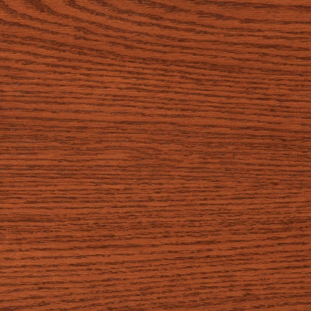 Washington stain on oak, a rich auburn brown swatch with fine straight oak grain and warm red tone