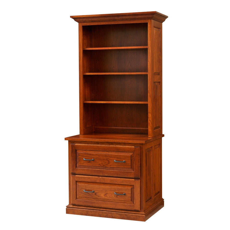 Lateral file cabinet topped by an open three shelf hutch with crown molding, in a warm cherry finish