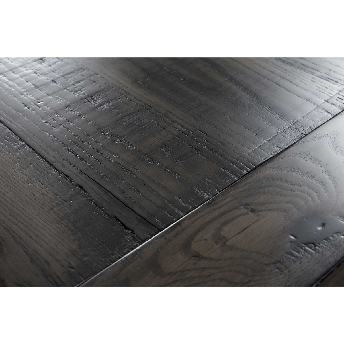 Charcoal plank top corner with breadboard end, textured saw marks and rounded edge