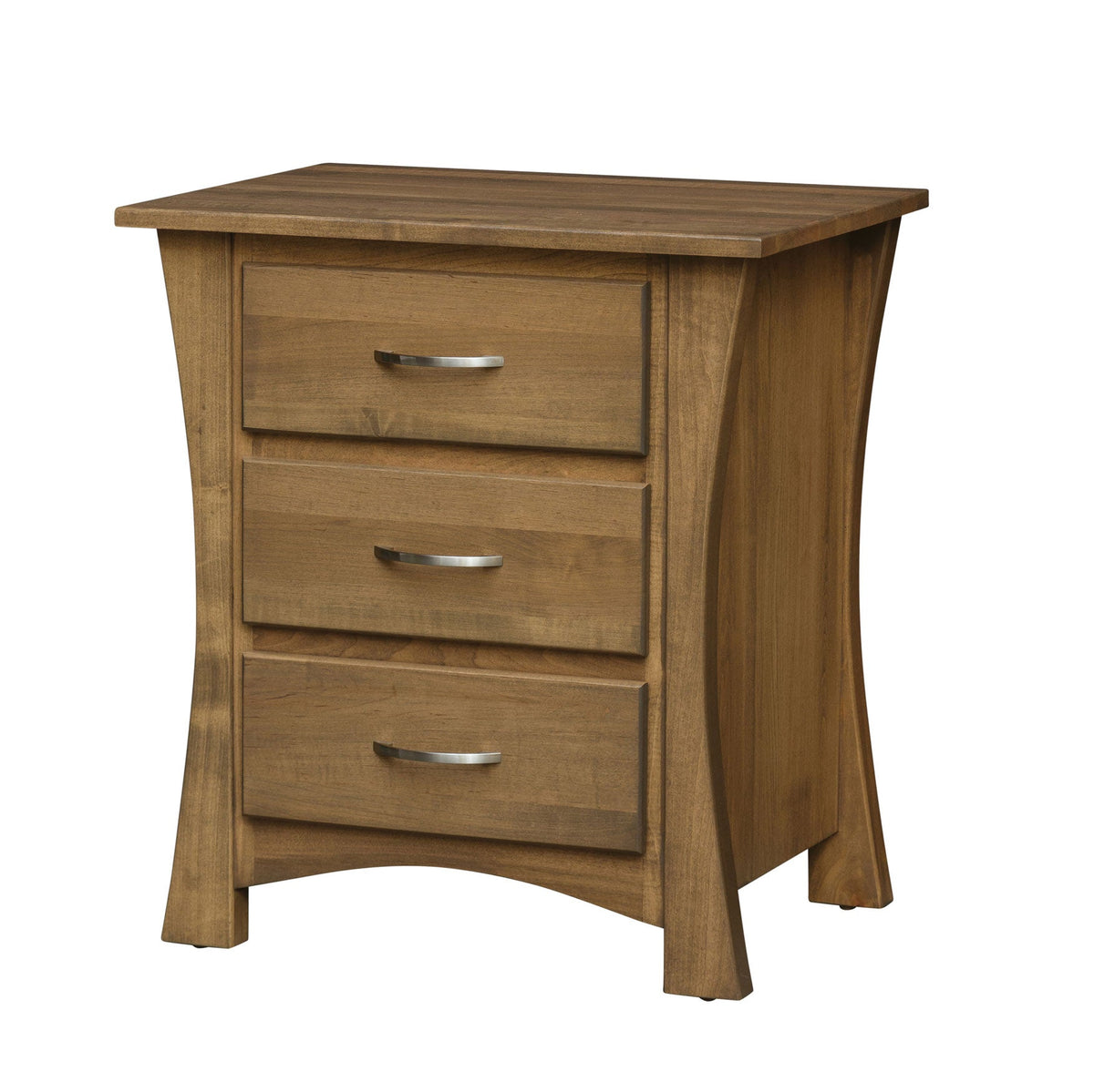 Curved leg three drawer nightstand in a light honey maple finish with brushed nickel arched pulls