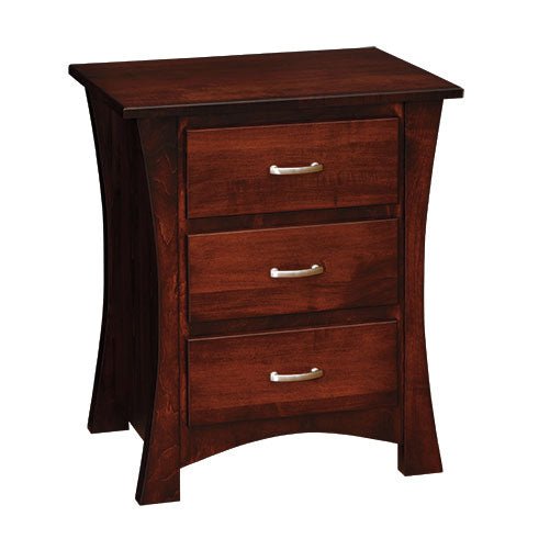 Three drawer nightstand in a deep cherry finish with flared curved legs and nickel bar pulls