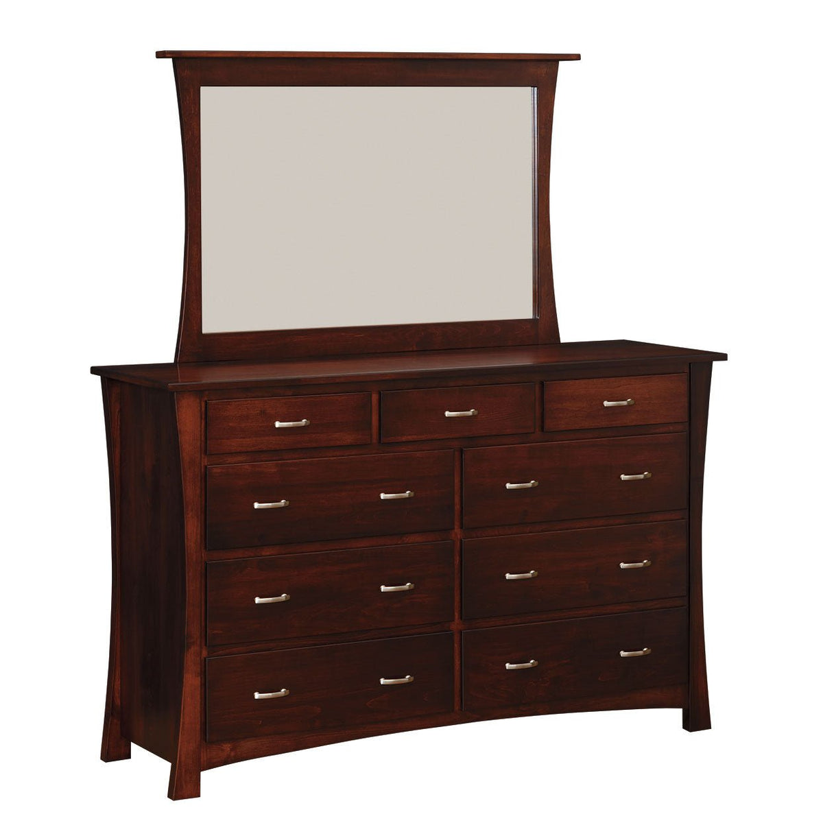Dark cherry nine drawer dresser with sculpted curved sides, nickel pulls and a matching wide mirror