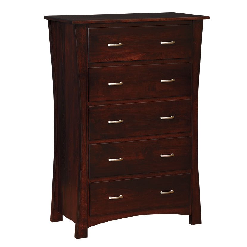 Dark cherry five drawer chest with curved sides, satin nickel bar pulls and a gently arched apron