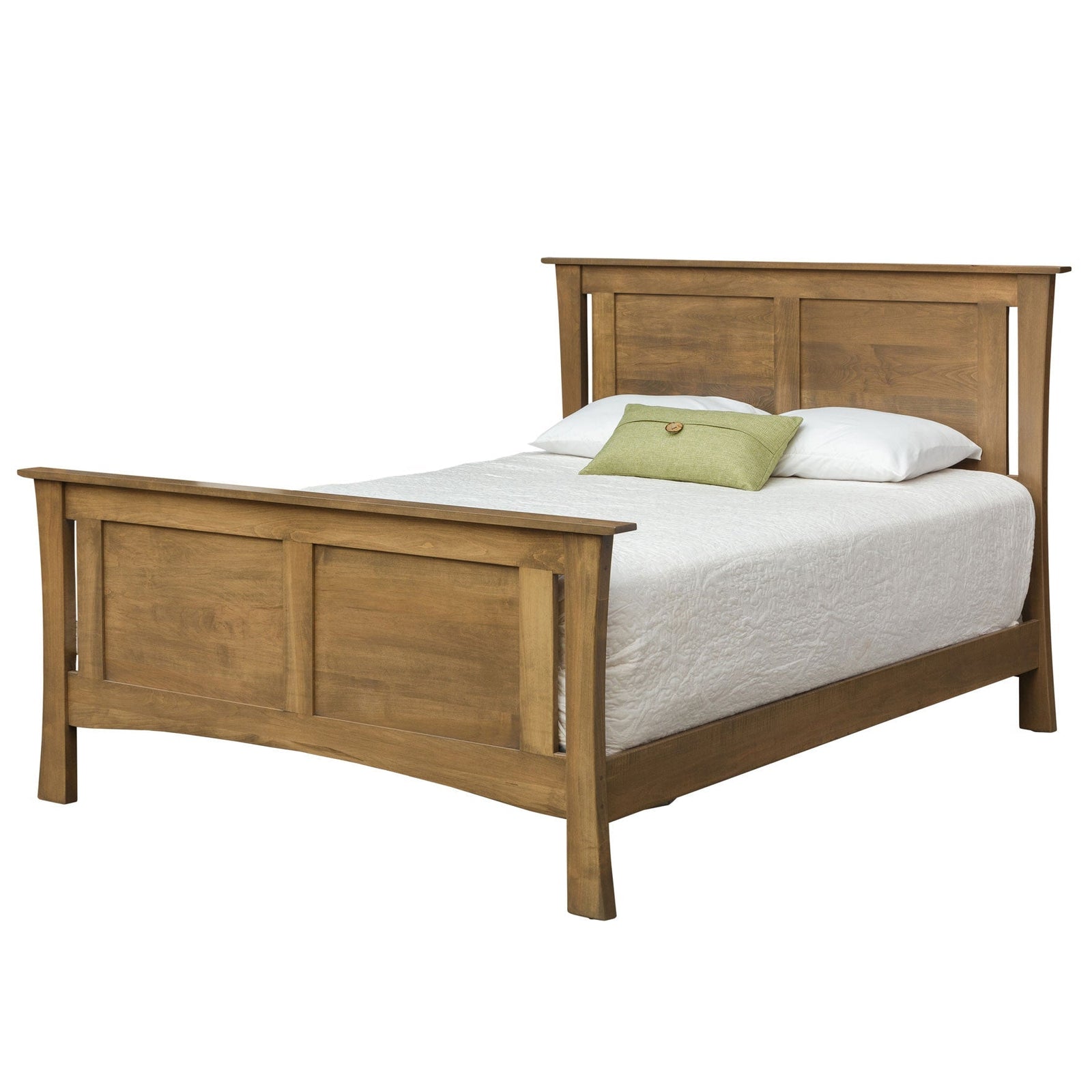 Gray brown panel bed with a two panel headboard and matching footboard, styled with red pillows