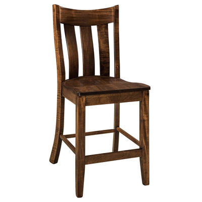 Counter height bar chair in brown maple with a curved crest rail, three shaped back slats and a scooped wood seat on white
