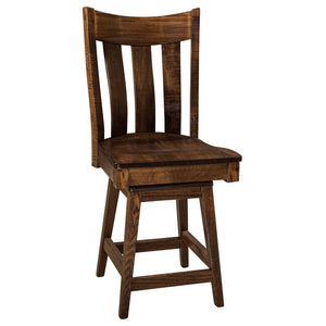 Swivel bar stool in dark maple with a curved slat back, saddle seat and splayed legs with stretchers