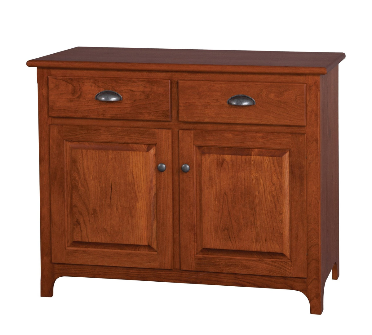 Two-door cherry buffet with two drawers, dark cup pulls, raised panel doors and shaped flared feet