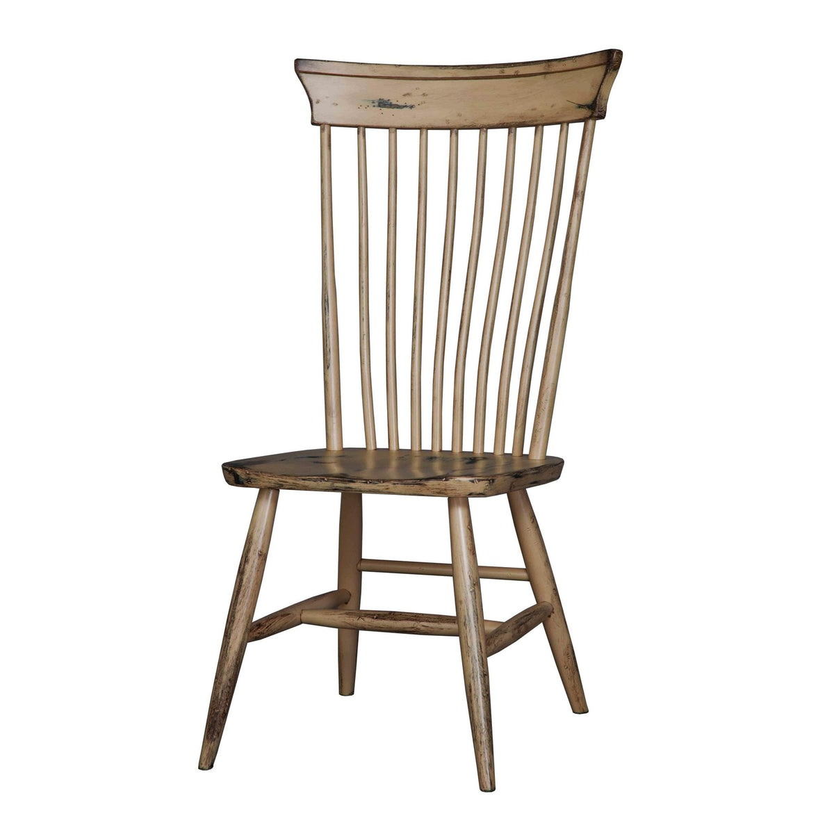 Heavily distressed cream Windsor dining chair with spindle back and dark worn saddle seat on splayed legs