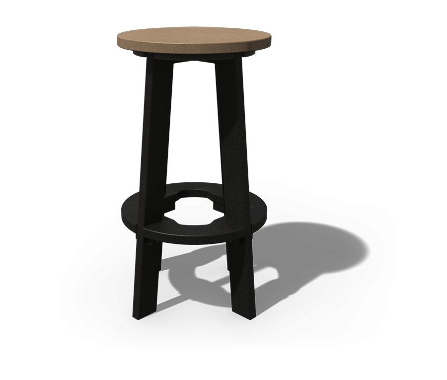 Round poly patio bar stool with tan seat, black splayed legs and a round footrest ring on white
