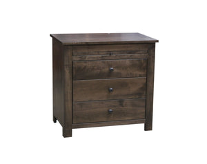 Three drawer nightstand in a dark brown finish with a pullout tray, black knobs and square block legs