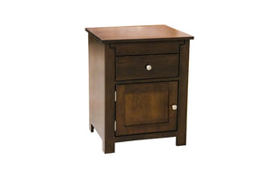 Nightstand in dark brown with one drawer above a raised panel door, nickel knobs and square block legs
