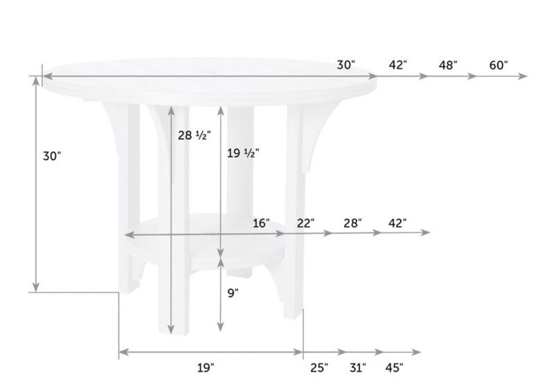 Dimension diagram of the dining height table: 30 inches tall, 28.5 inch clearance and 30 to 60 inch round tops