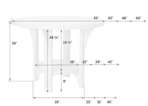 Dimension diagram of the dining height table: 30 inches tall, 28.5 inch clearance and 30 to 60 inch round tops