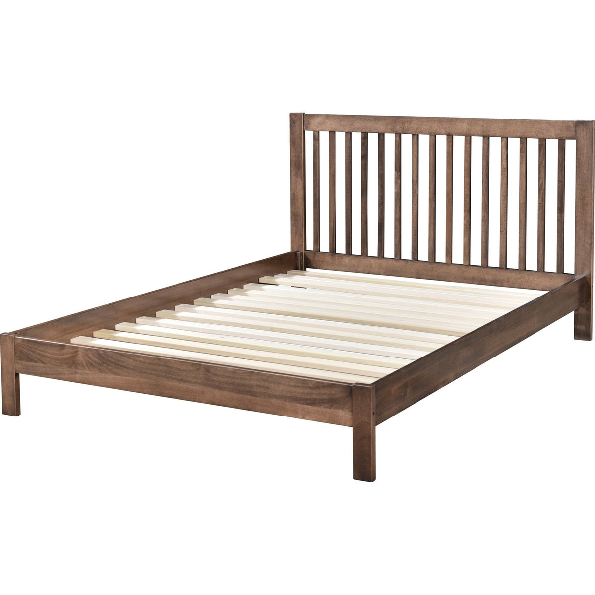 Convertible crib converted into a slatted headboard platform bed frame in a weathered brown finish with wood slat supports