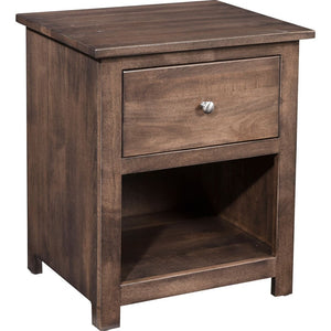 Gray brown nightstand with one drawer, a round nickel knob and an open shelf below on block feet