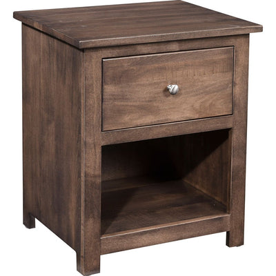 Gray brown nightstand with one drawer, a round nickel knob and an open shelf below on block feet