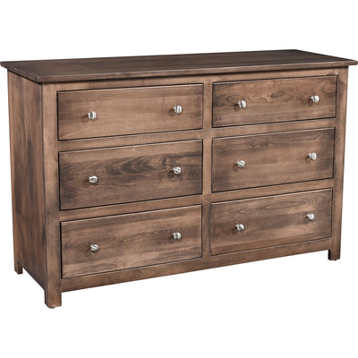 Six drawer dresser in a gray brown finish with round nickel knobs and simple square shaker styling