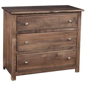 Three drawer changer chest in gray brown wood with round nickel knobs and a flat molded top