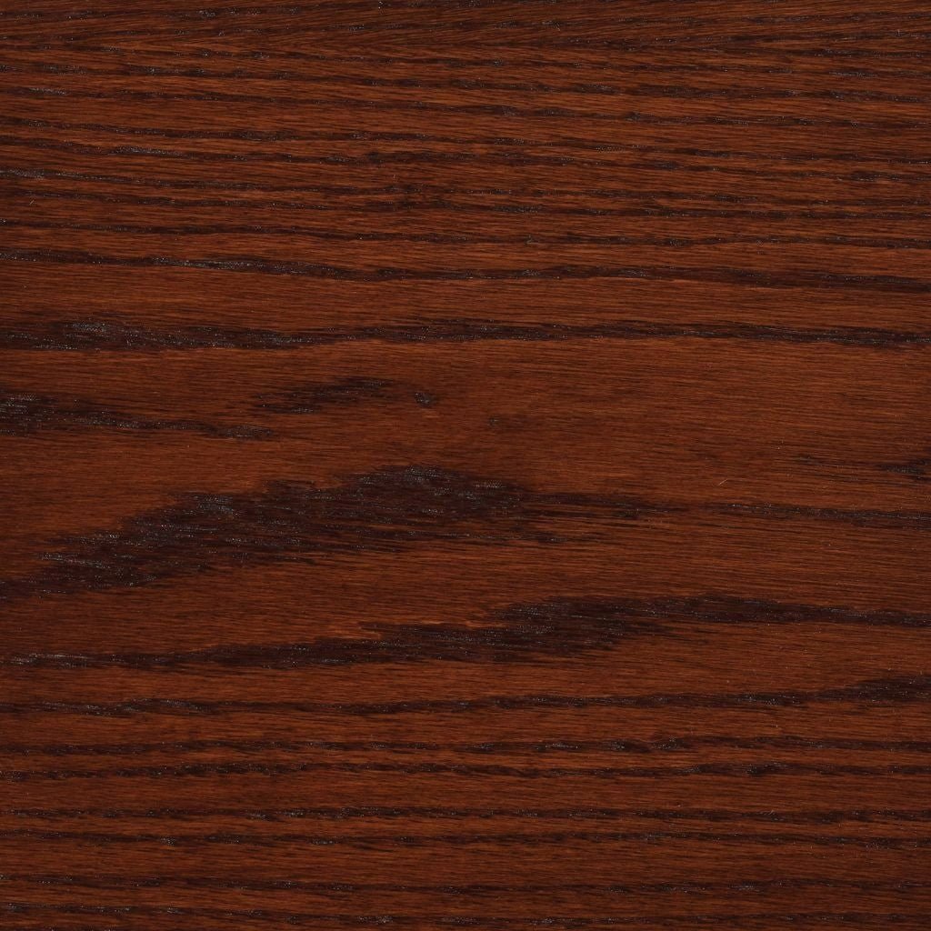 Rich Cherry stain on oak, a bright red brown swatch with strong dark oak grain striping