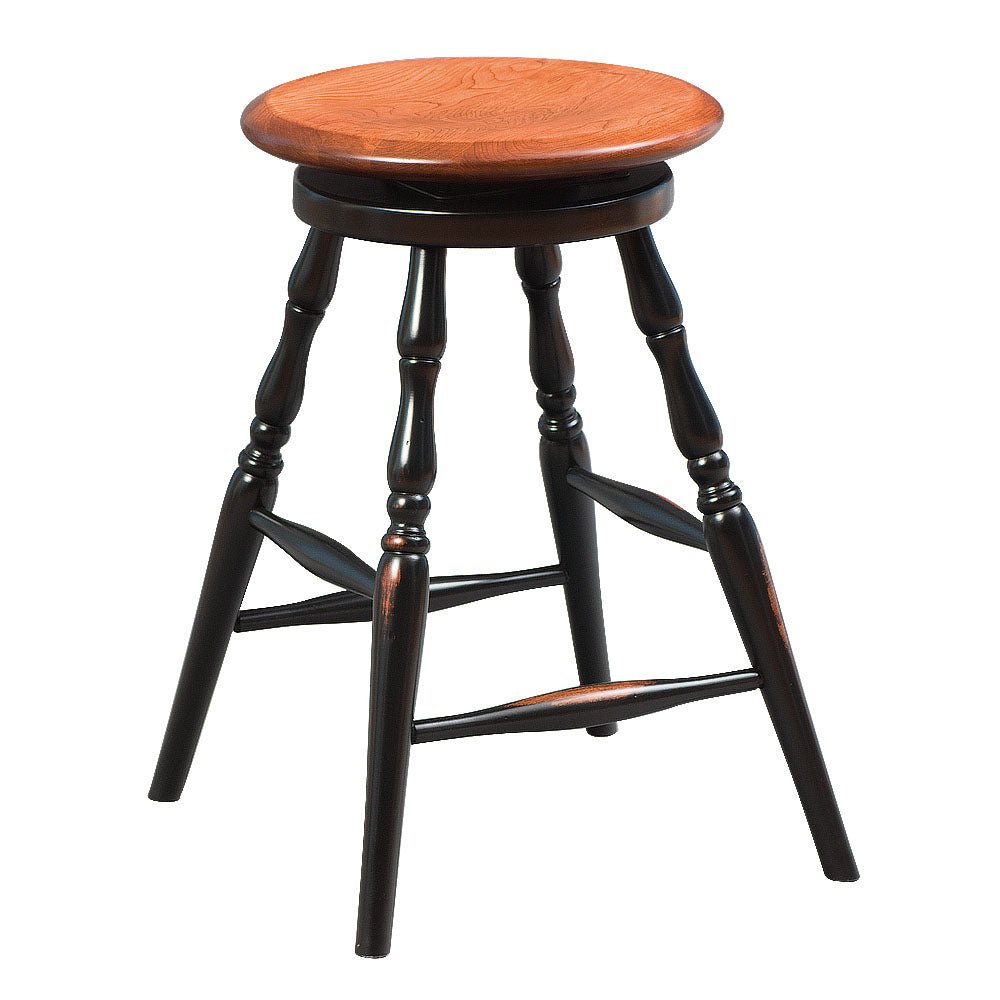 Round swivel bar stool with an oak dished seat and distressed black turned legs and foot stretchers, white background