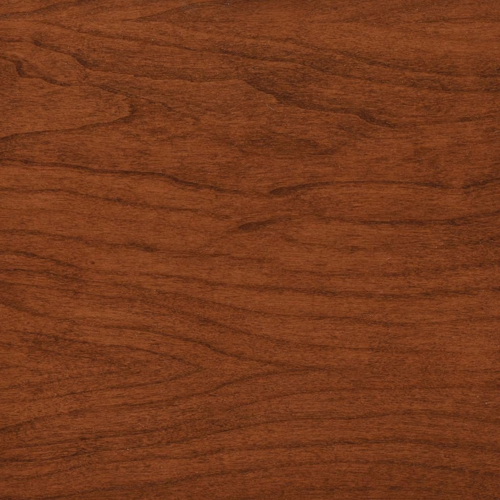 S12 stain on cherry, a warm reddish brown swatch with wavy flowing grain and a soft glossy look