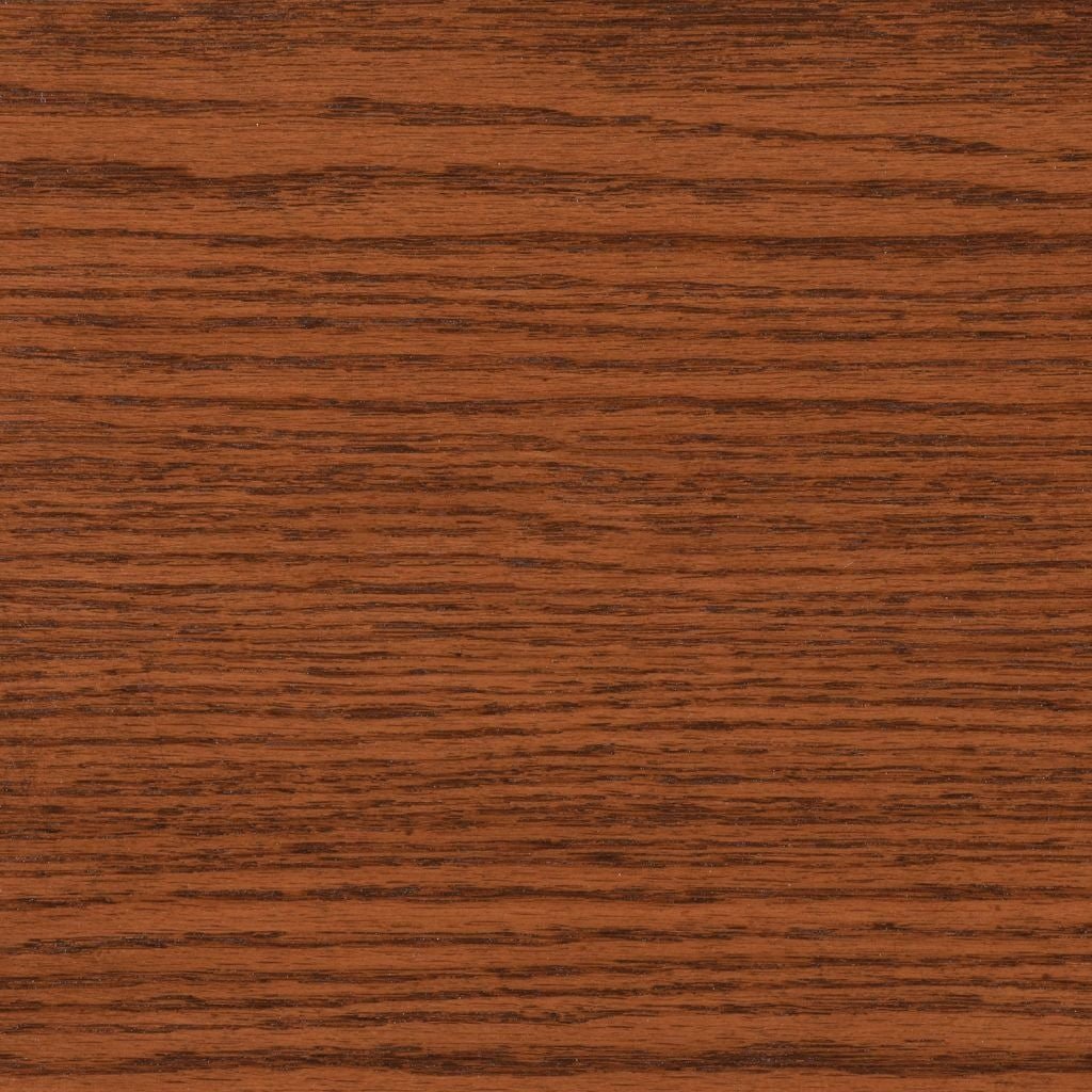 S12 stain on oak, a warm cinnamon brown swatch with tight straight oak grain lines