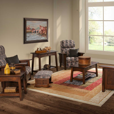 Dark brown living room table set with coffee table, console table, end table and ottoman on a red striped rug