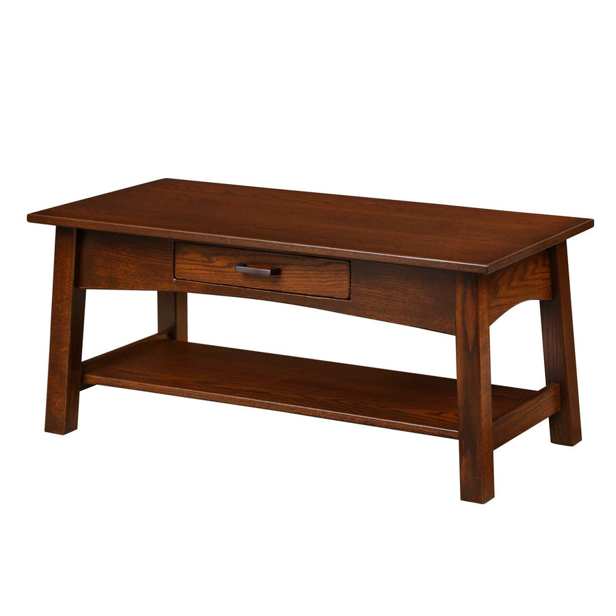 Dark brown Santa Fe coffee table with arched apron, single drawer and open bottom shelf on a white background