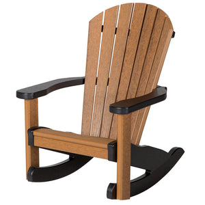 Kid's Adirondack rocker in antique mahogany with black arms and rockers and a fanned slat back on white
