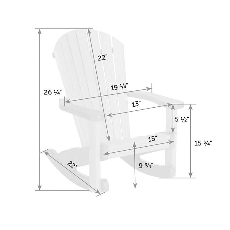 Dimension diagram of the kid's rocking chair: 26.25 inches tall, 22 inch rocker length, 15.75 inch arm height