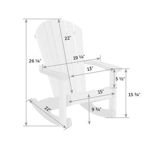Dimension diagram of the kid's rocking chair: 26.25 inches tall, 22 inch rocker length, 15.75 inch arm height