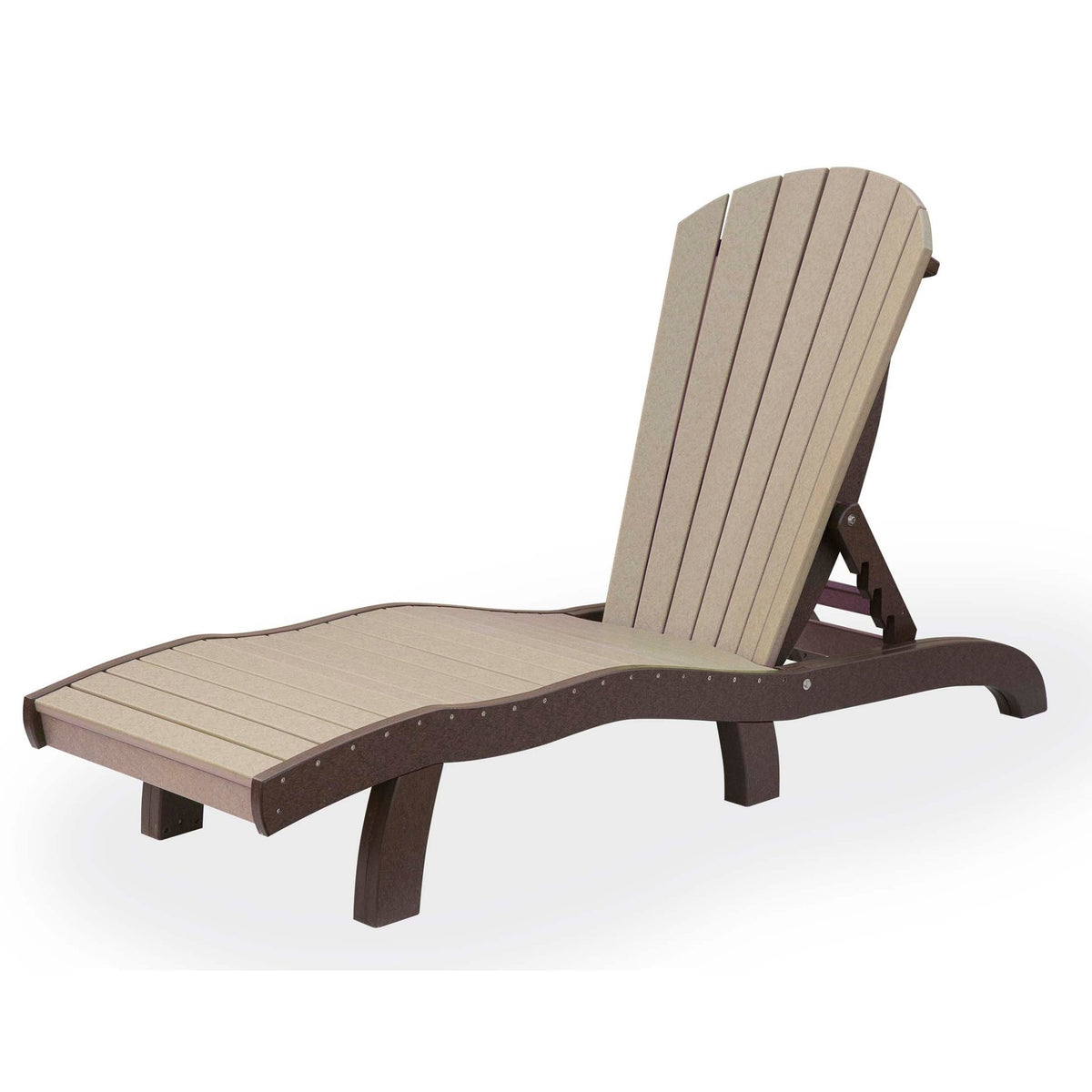 Rear three-quarter view of a weatherwood poly chaise lounge with brown frame showing the ratchet back support