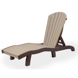 Rear three-quarter view of a weatherwood poly chaise lounge with brown frame showing the ratchet back support