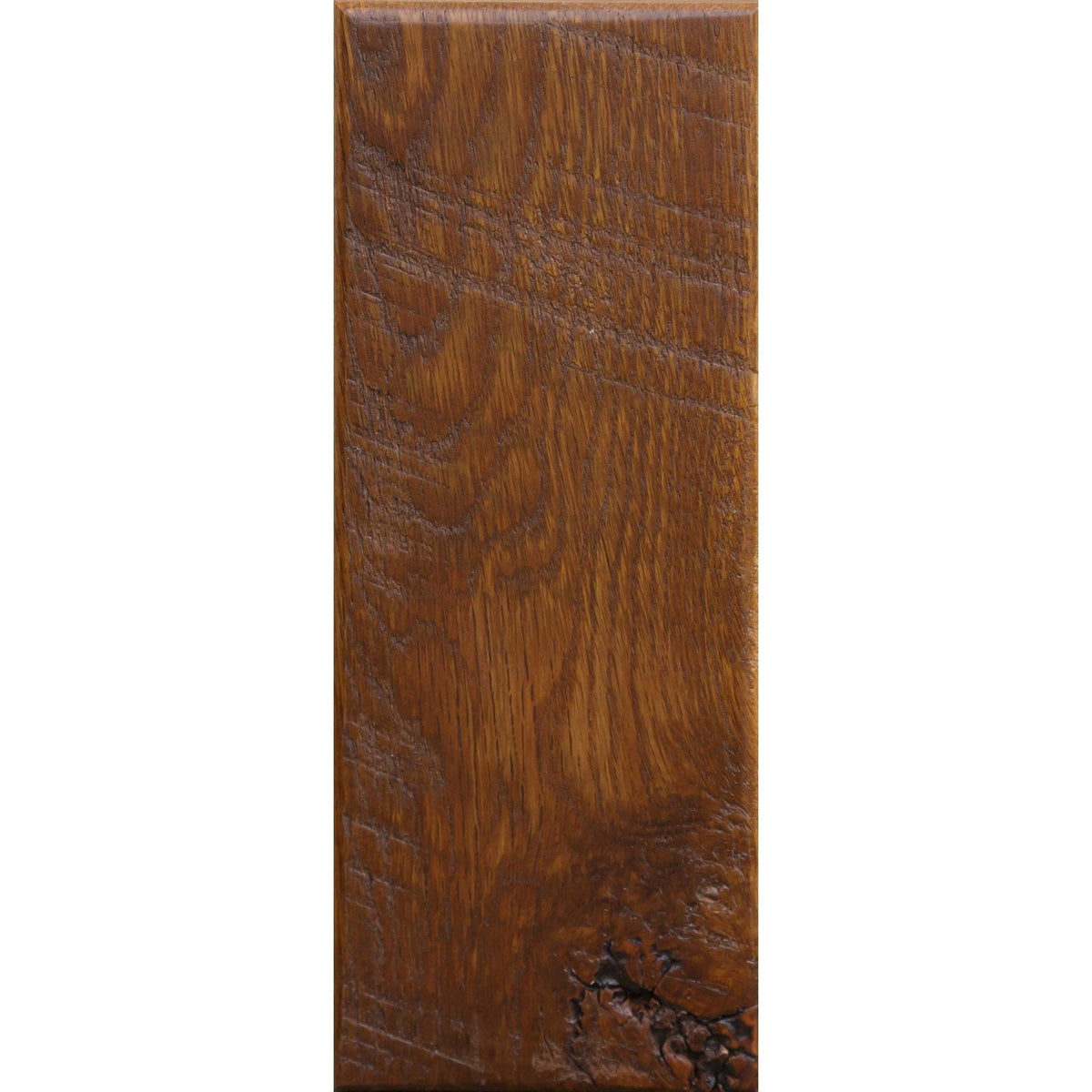 Seely finish oak barnwood plank sample, a golden brown board with saw kerf marks and a knot