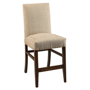 Counter height bar chair fully upholstered in textured oatmeal fabric on a dark walnut frame with tapered legs and footrest rails