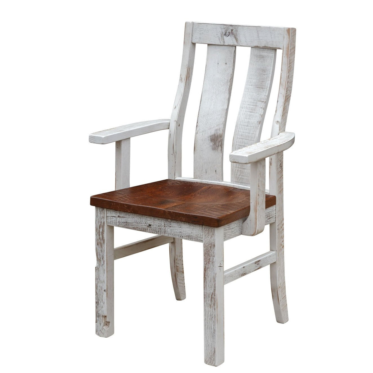 White distressed arm chair with three curved back slats, shaped arms and a saddle brown reclaimed wood seat
