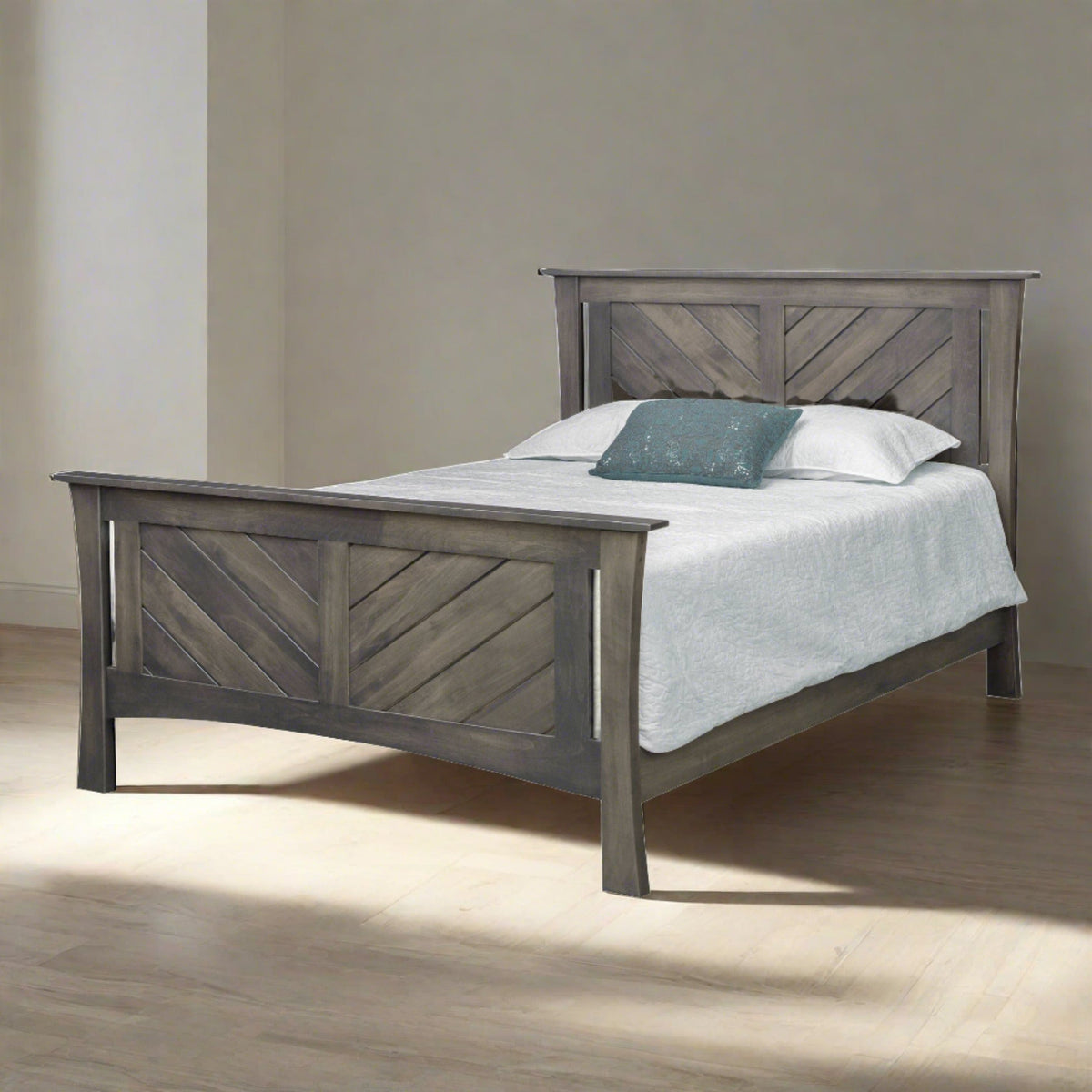 Gray finished bed with diagonal plank panels in the headboard and footboard and flared square legs
