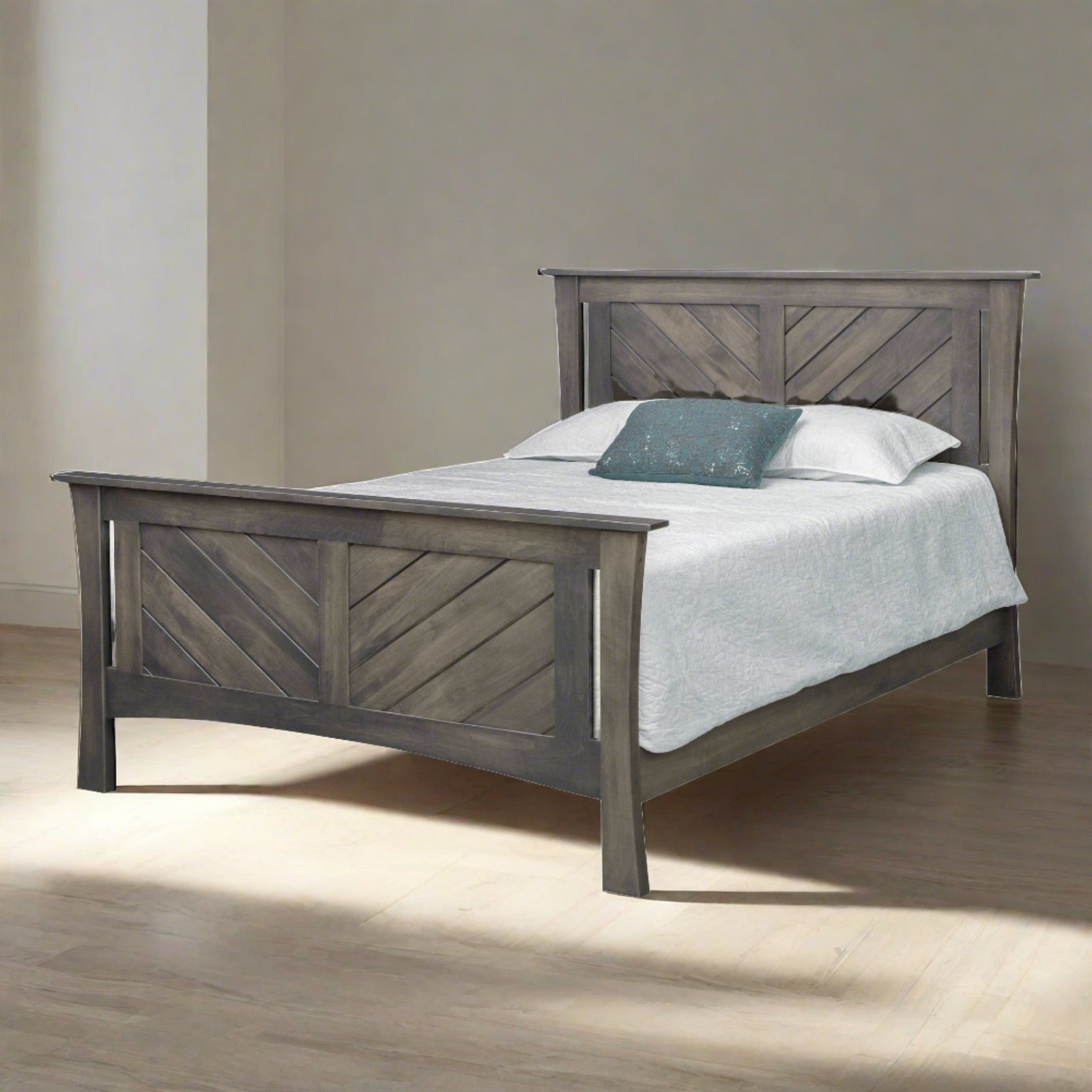 Gray finished bed with diagonal plank panels in the headboard and footboard and flared square legs