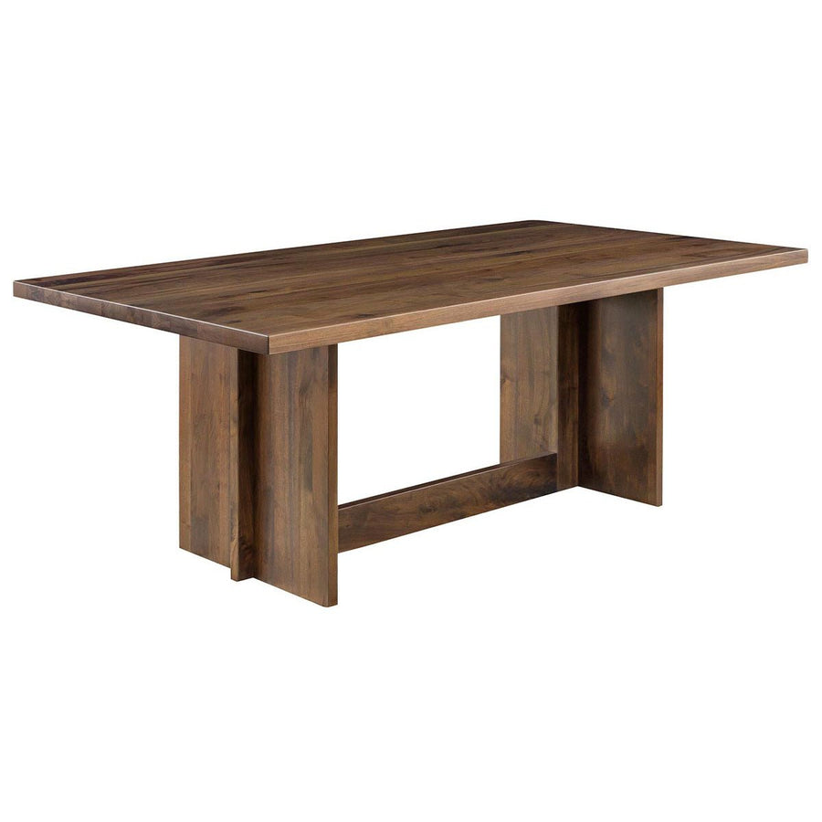 Sophia walnut trestle dining table with clean plank top, wide panel legs and open rectangular stretcher base