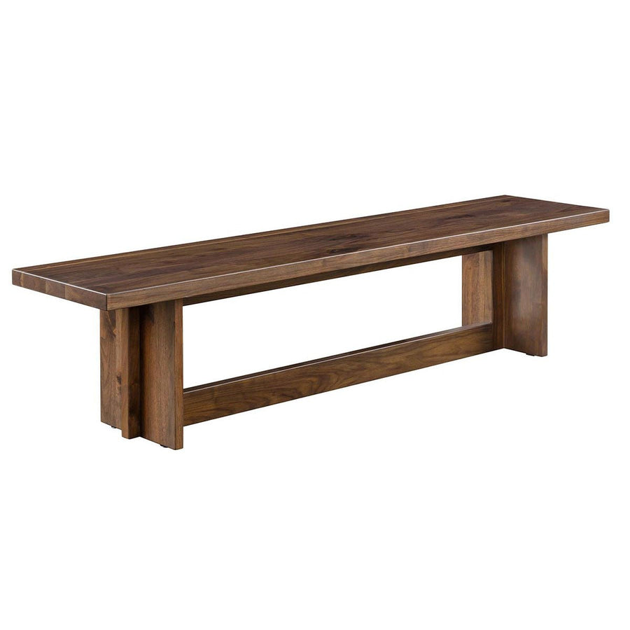Solid walnut trestle bench with clean plank seat, thick slab legs and open rectangular stretcher base