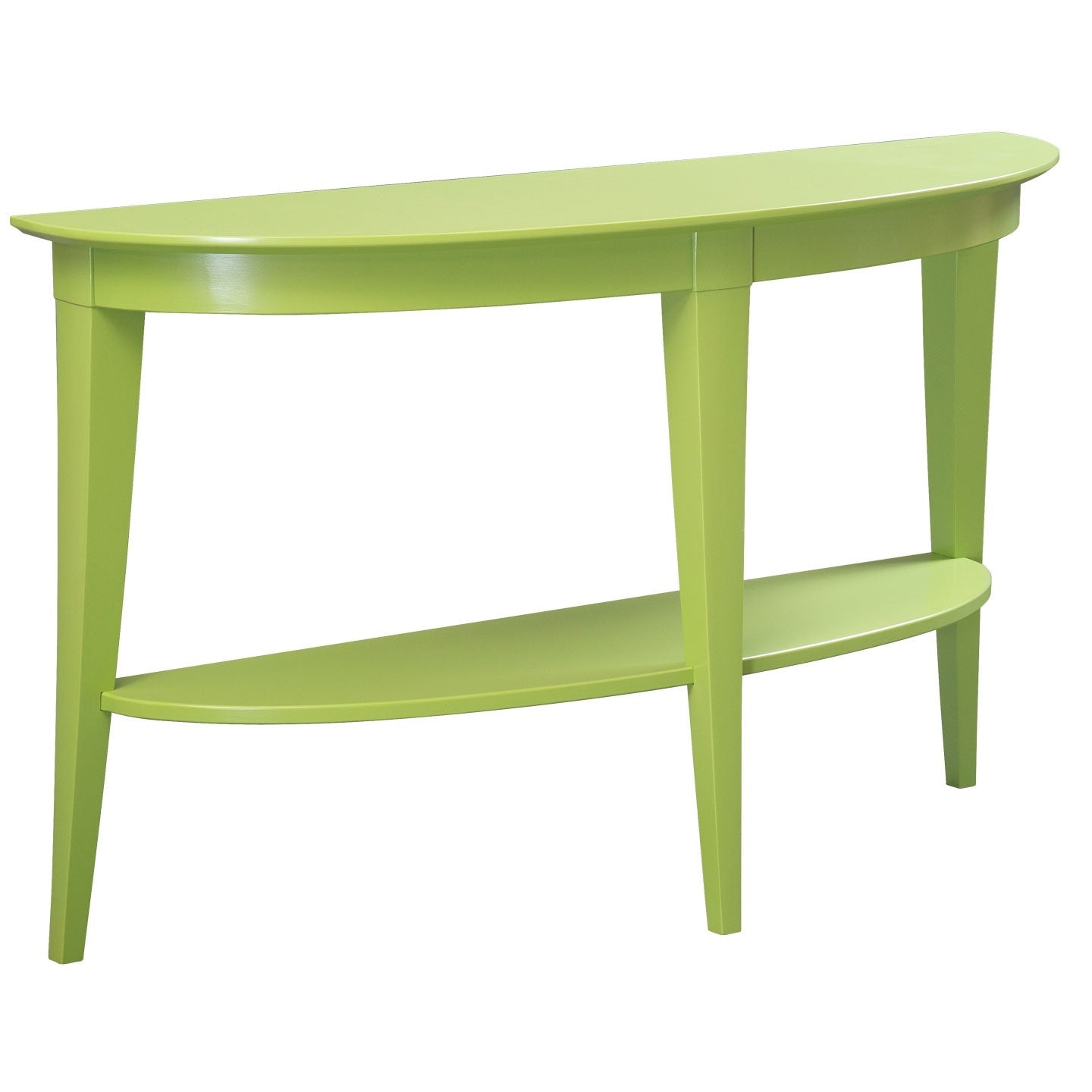 Curved demilune console table in a warm cherry finish with tapered legs and a half round lower shelf