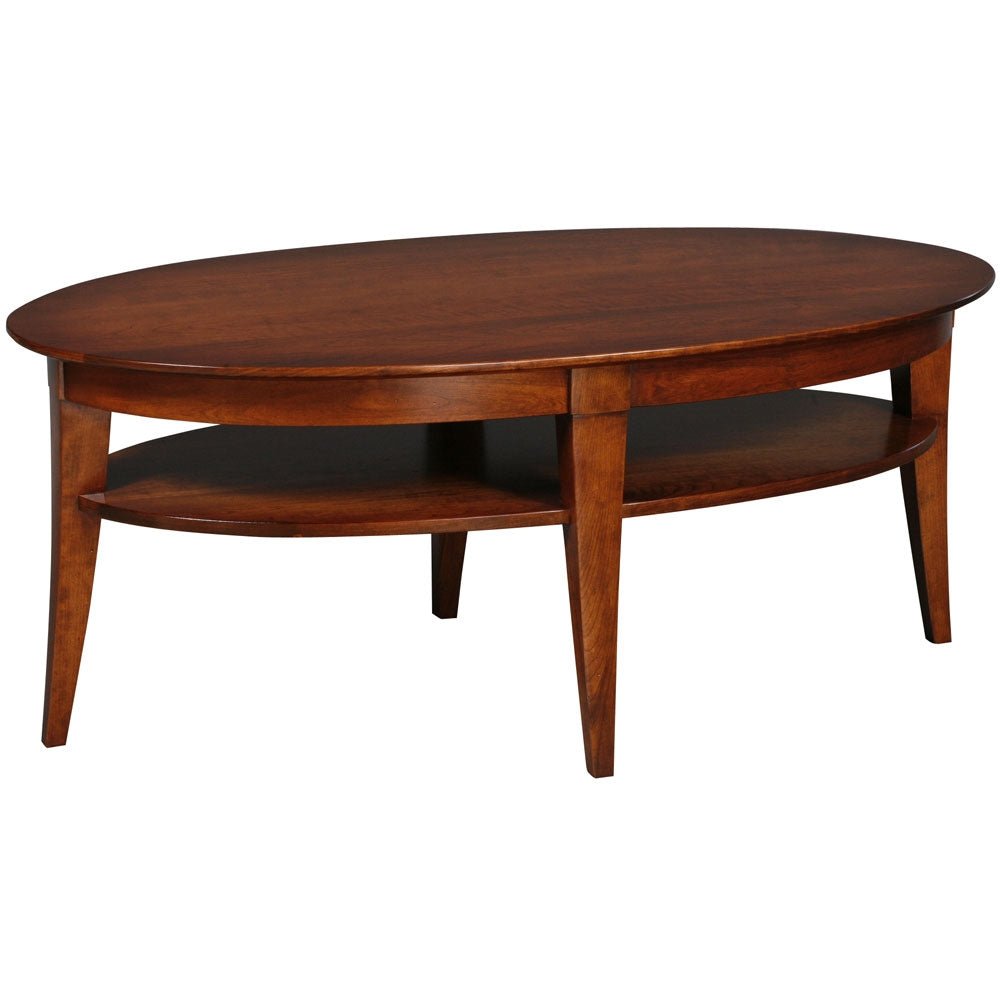 Oval cherry coffee table with a beveled top, lower oval shelf and gently splayed tapered legs