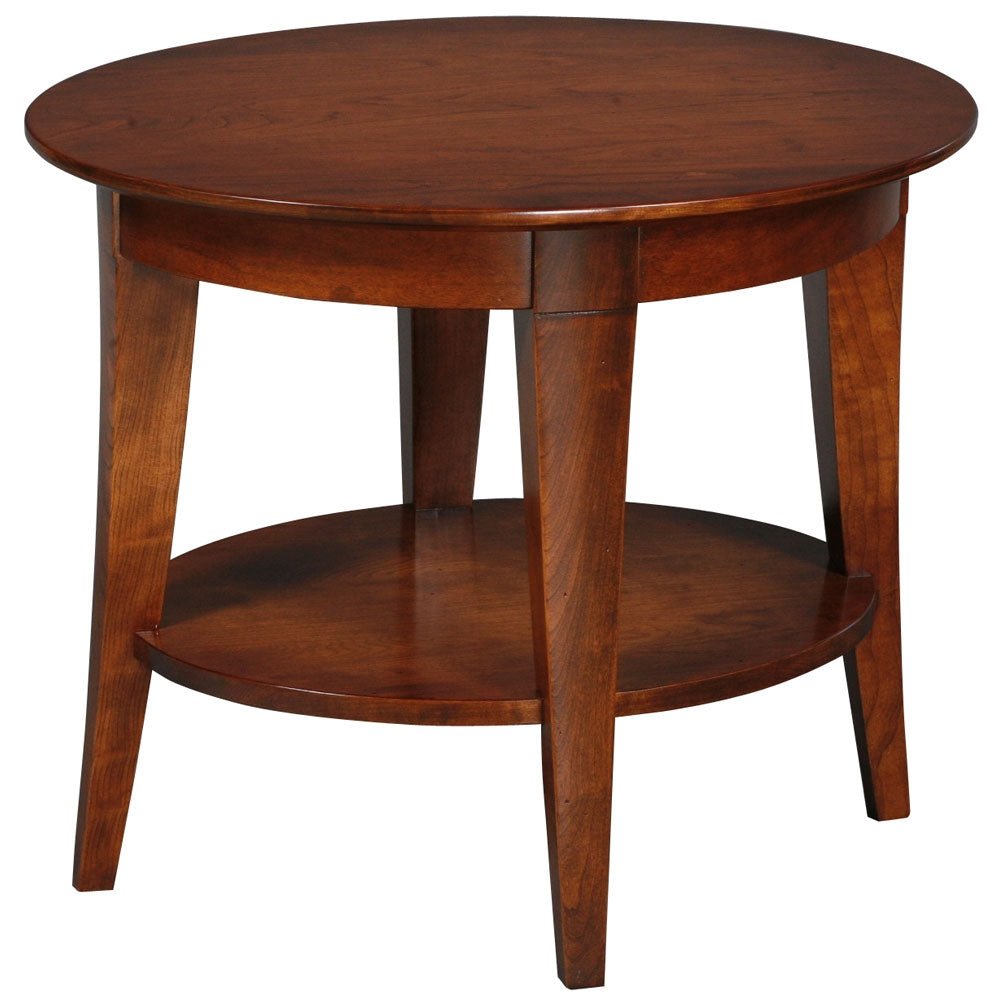 Round end table in a cherry finish with a lower round shelf and four tapered legs on a white background