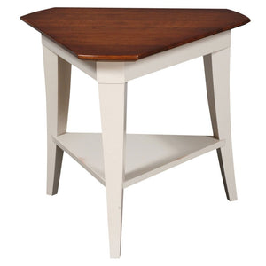 Triangle end table with a cherry stained top, white painted tapered legs and a triangular lower shelf