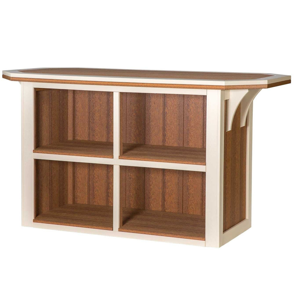 Back view of the outdoor poly bar island showing four open storage cubbies in antique mahogany with ivory trim