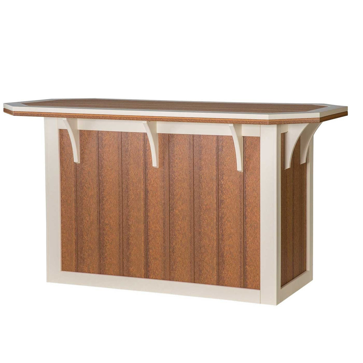 Front view of the outdoor bar in antique mahogany poly with ivory corbel brackets and octagonal overhanging bar top