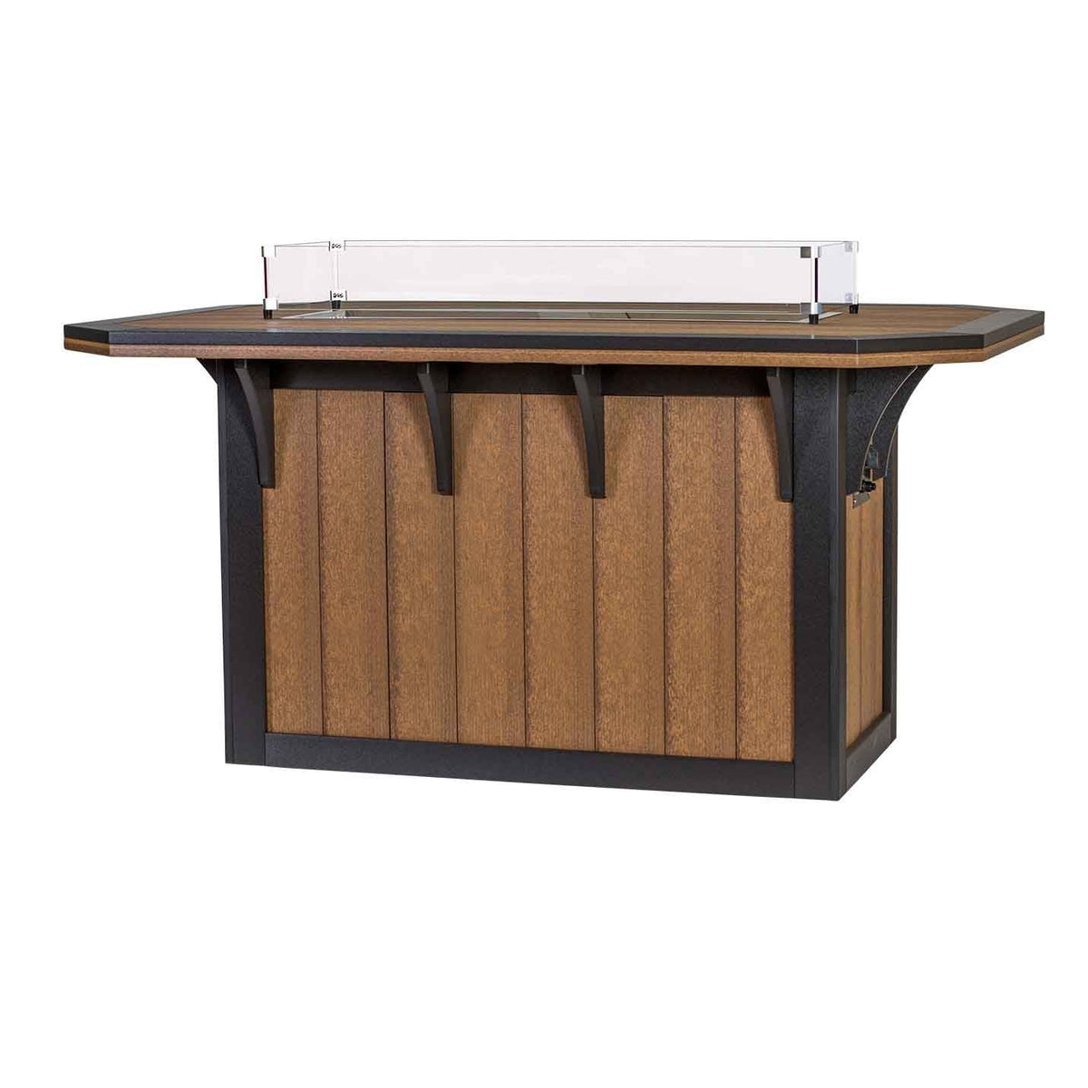 Antique mahogany and black poly fire pit counter bar with clipped-corner top, paneled base and glass wind guard