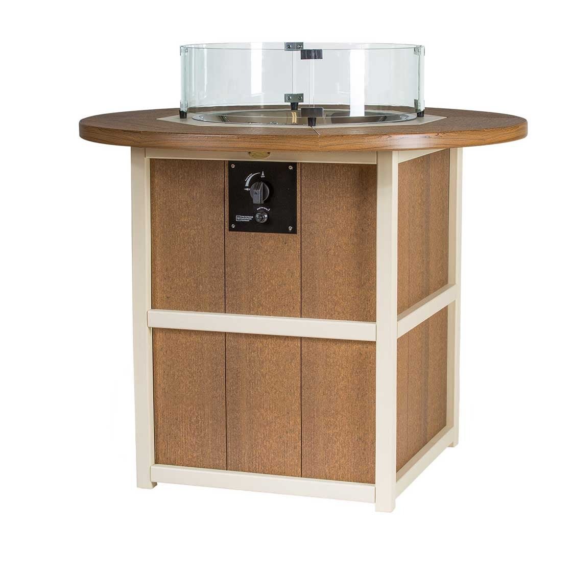 Antique mahogany and ivory poly round fire pit counter table with paneled base, control knob and round glass wind guard on a white background